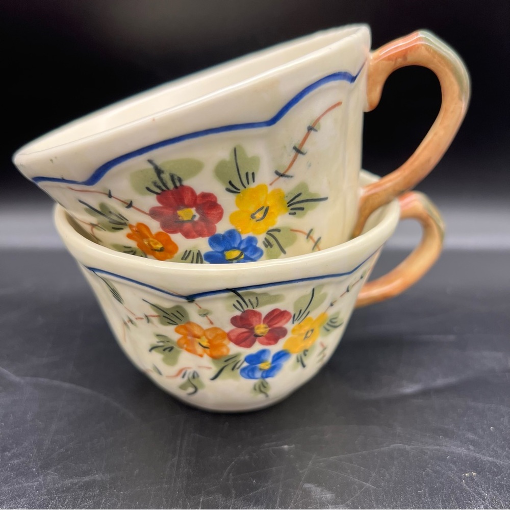 Longchamp Nemours Collection Set Of 2 Floral Coffee/Tea Flat Cups France